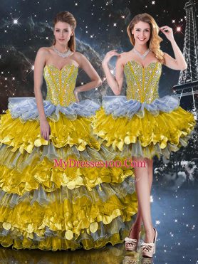 Sleeveless Floor Length Beading and Ruffled Layers Lace Up Quinceanera Gown with Multi-color