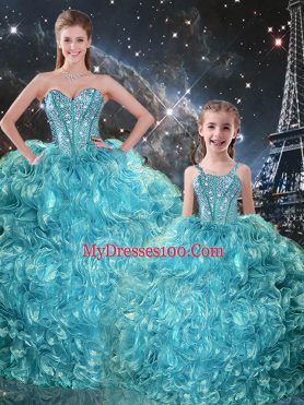 Cheap Sweetheart Sleeveless 15th Birthday Dress Floor Length Beading and Ruffles Aqua Blue Organza