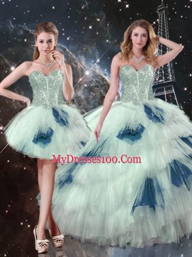 Floor Length Blue And White Quinceanera Gown Tulle Sleeveless Ruffled Layers