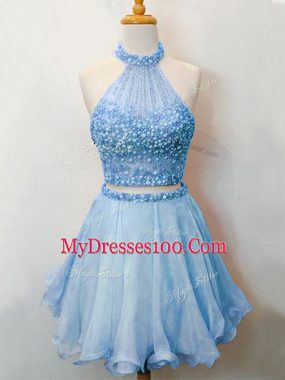 Blue Two Pieces Beading Bridesmaids Dress Lace Up Organza Sleeveless Knee Length