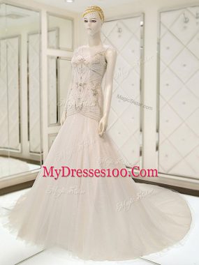 White Tulle Side Zipper V-neck Sleeveless Bridal Gown Court Train Beading
