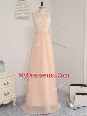 Chiffon Bateau Sleeveless Backless Lace Court Dresses for Sweet 16 in Peach