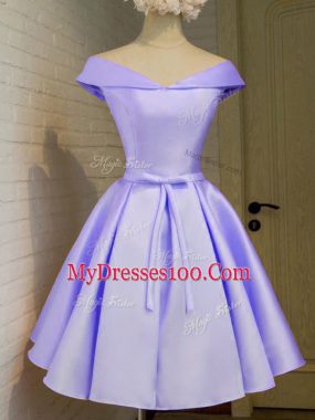 Most Popular Off The Shoulder Cap Sleeves Lace Up Bridesmaid Dresses Lavender Taffeta