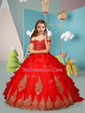 Red Ball Gowns Appliques and Embroidery Kids Formal Wear Lace Up Tulle Sleeveless Floor Length