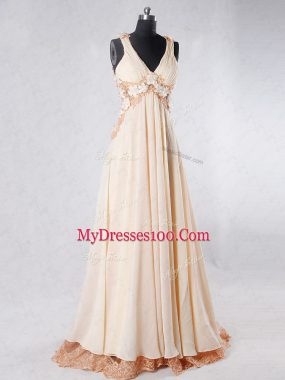 Champagne Sleeveless Sweep Train Beading and Lace and Hand Made Flower Prom Dresses