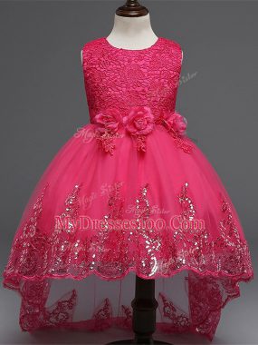 Best Hot Pink Sleeveless Lace and Appliques and Bowknot and Hand Made Flower High Low Little Girl Pageant Gowns