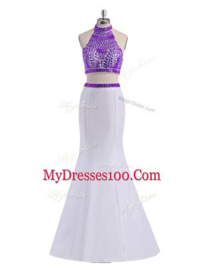 Satin Halter Top Sleeveless Criss Cross Beading Prom Dresses in White And Purple