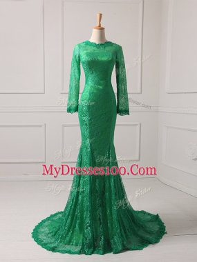 Long Sleeves Lace Zipper Mother Of The Bride Dress with Green Brush Train