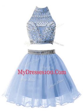Hot Sale Light Blue Bridesmaid Dress Party and Wedding Party with Beading High-neck Sleeveless Zipper