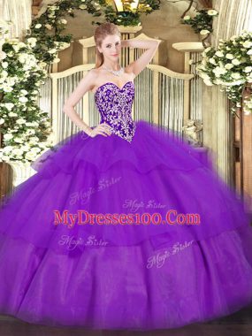 Comfortable Sweetheart Sleeveless Tulle Sweet 16 Dresses Beading and Ruffled Layers Lace Up