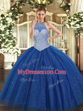 Royal Blue Tulle Lace Up Quinceanera Gowns Sleeveless Floor Length Beading