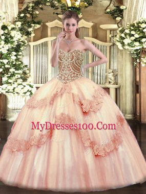 High End Pink Lace Up Vestidos de Quinceanera Beading and Appliques Sleeveless Floor Length