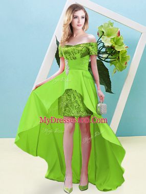 Elastic Woven Satin and Sequined Lace Up Evening Dress Short Sleeves High Low Beading