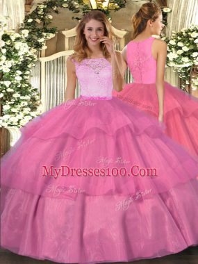 Deluxe Hot Pink Quinceanera Dress Military Ball and Sweet 16 and Quinceanera with Lace and Ruffled Layers Scoop Sleeveless Clasp Handle