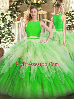 Pretty Multi-color Organza Zipper Scoop Sleeveless Floor Length Vestidos de Quinceanera Lace and Ruffles