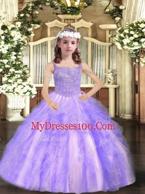 Ball Gowns Child Pageant Dress Lavender Straps Tulle Sleeveless Floor Length Lace Up