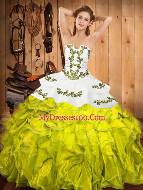 Sleeveless Floor Length Embroidery and Ruffles Lace Up Vestidos de Quinceanera with Yellow Green