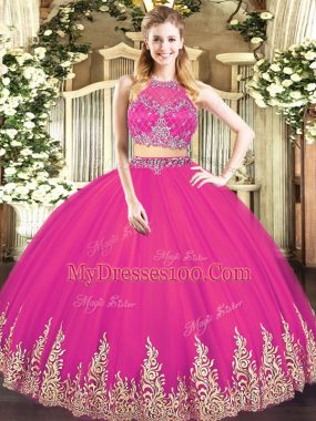 Romantic Floor Length Zipper 15th Birthday Dress Hot Pink for Military Ball and Sweet 16 and Quinceanera with Beading and Appliques