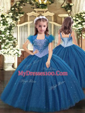 Blue Tulle Lace Up Pageant Gowns For Girls Sleeveless Floor Length Beading