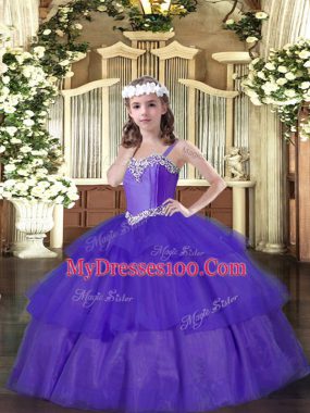 Sweet Purple Organza Lace Up Winning Pageant Gowns Sleeveless Floor Length Beading and Ruffled Layers