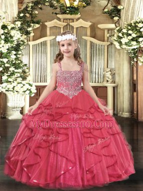 Floor Length Lace Up Child Pageant Dress Coral Red for Party and Sweet 16 and Quinceanera and Wedding Party with Beading and Ruffles