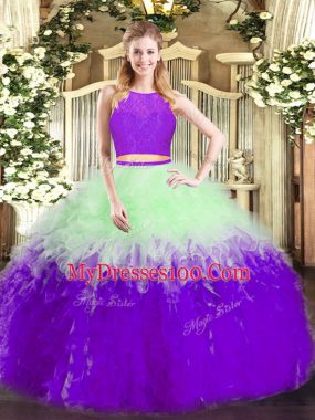 Gorgeous Multi-color Two Pieces Scoop Sleeveless Tulle Floor Length Zipper Ruffles Vestidos de Quinceanera