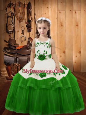 Green Lace Up Little Girls Pageant Dress Wholesale Embroidery and Ruffled Layers Sleeveless Floor Length