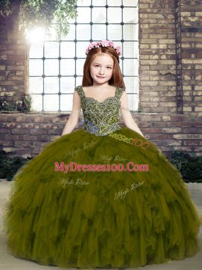 Sweet Sleeveless Lace Up Floor Length Beading and Ruffles Little Girls Pageant Dress