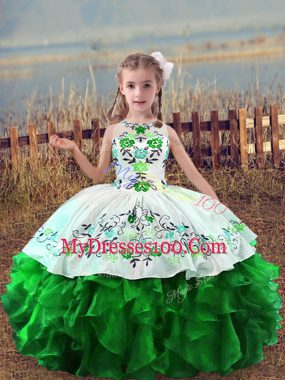 Customized Green Lace Up Scoop Embroidery and Ruffles Child Pageant Dress Organza Sleeveless