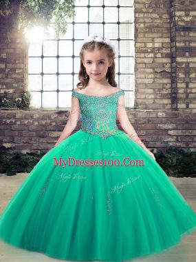 Turquoise Off The Shoulder Neckline Appliques Little Girl Pageant Dress Sleeveless Lace Up