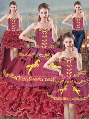 Burgundy Sweetheart Lace Up Embroidery and Ruffles Vestidos de Quinceanera Brush Train Sleeveless
