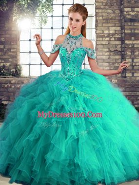 Tulle Sleeveless Floor Length 15th Birthday Dress and Beading and Ruffles