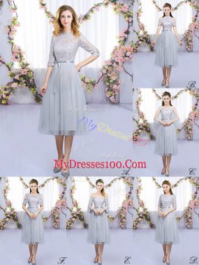 Grey Half Sleeves Tea Length Lace and Belt Zipper Bridesmaid Gown