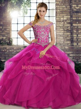 Attractive Fuchsia Ball Gowns Off The Shoulder Sleeveless Tulle Brush Train Lace Up Beading and Ruffles Vestidos de Quinceanera