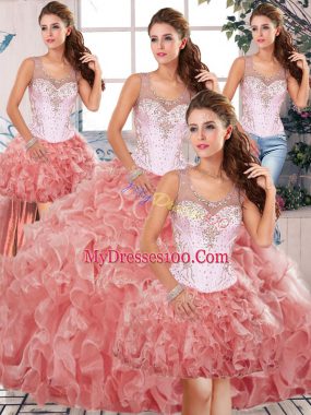Organza Scoop Sleeveless Clasp Handle Beading and Ruffles Quinceanera Gowns in Watermelon Red