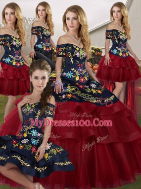 Tulle Off The Shoulder Sleeveless Brush Train Lace Up Embroidery and Ruffled Layers Quinceanera Gown in Wine Red