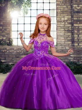 Customized Ball Gowns Girls Pageant Dresses Purple High-neck Tulle Sleeveless Floor Length Lace Up