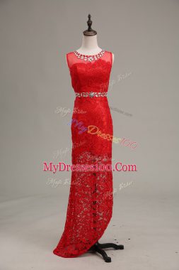 Romantic Column/Sheath Evening Wear Red Scoop Lace Sleeveless Floor Length Zipper