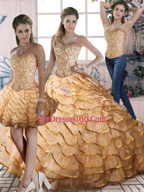 Romantic Sleeveless Brush Train Lace Up Beading and Ruffles Sweet 16 Quinceanera Dress