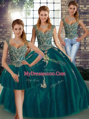 Peacock Green Sleeveless Floor Length Beading and Appliques Lace Up Ball Gown Prom Dress