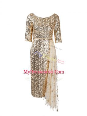 Gold Scoop Neckline Belt Dress for Prom Half Sleeves Zipper