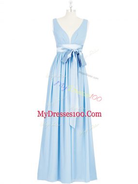 Designer Sleeveless Chiffon Floor Length Backless Homecoming Dress in Baby Blue with Ruching and Bowknot