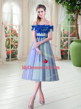 Modern Blue Lace Up Prom Gown Appliques Sleeveless Tea Length