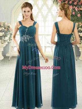 Nice Beading and Ruching Teal Lace Up Sleeveless Floor Length
