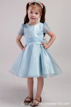 Blue A-line Scoop Knee-length Organza Bowknot Little Girl Dress