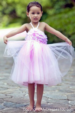 Pink Halter Knee-length Layer Puffy Backless Flower Girl Dress