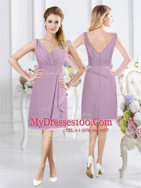 Glittering Lavender A-line V-neck Sleeveless Chiffon Knee Length Zipper Ruching Bridesmaid Dress