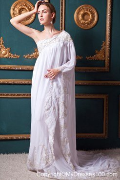 Long Sleeves Empire One Shoulder Brush Train Appliques Wedding Dress