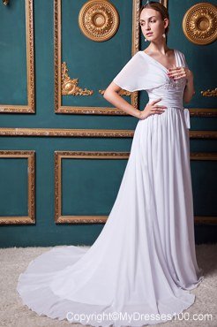 White Empire V-neck Court Train Appliques Short Sleeves Wedding Dress