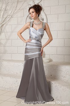 Two-toned Grey Ruched Mother In Law Dresses with Jeweled Straps